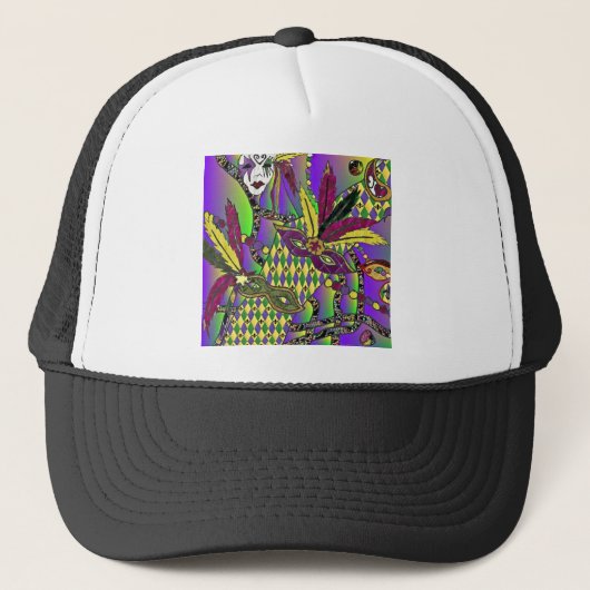 Psychedelic Mardi Gras Feathermaskers Trucker Pet (Voorkant)