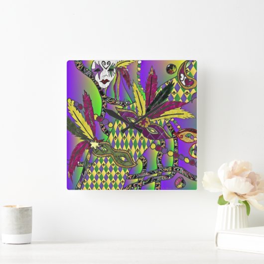 Psychedelic Mardi Gras Feathermaskers Vierkante Klok (Huis)