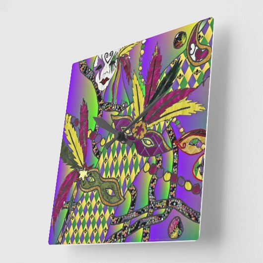 Psychedelic Mardi Gras Feathermaskers Vierkante Klok (Hoek)