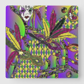 Psychedelic Mardi Gras Feathermaskers Vierkante Klok (Voorkant)