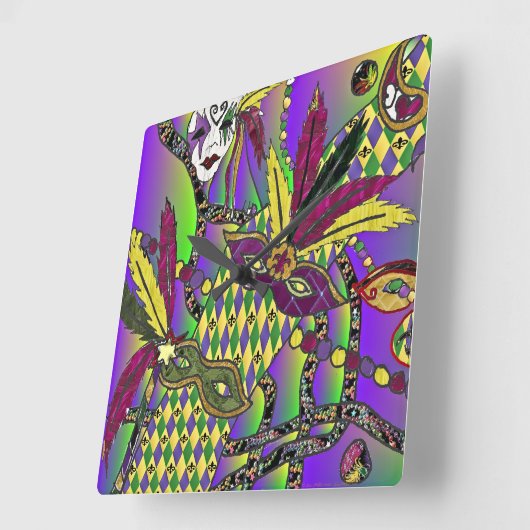 Psychedelic Mardi Gras Feathermaskers Vierkante Klok (Hoek)