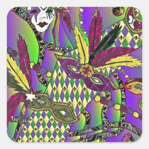 Psychedelic Mardi Gras Feathermaskers Vierkante Sticker