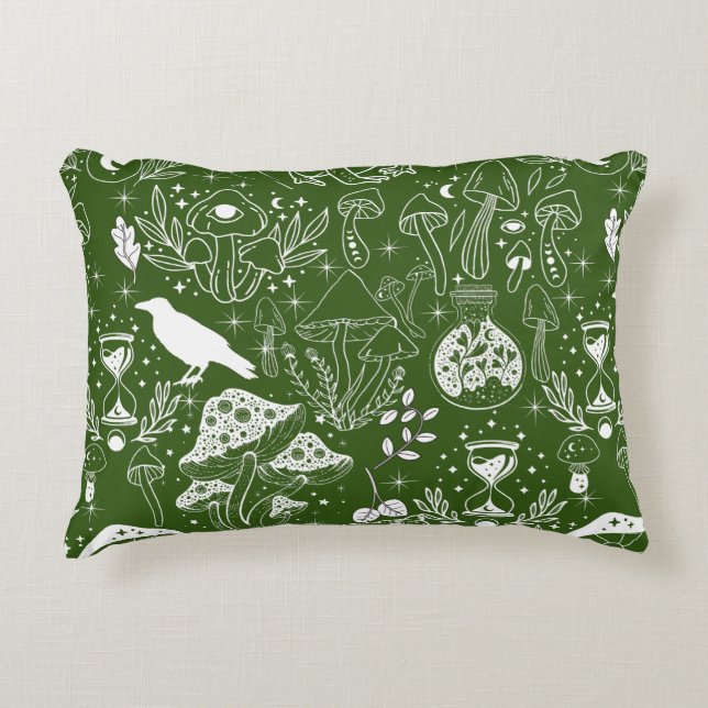 Psychedelic Mushroom Pattern 2D.BW.b D Groen BG Accent Kussen (Voorkant)