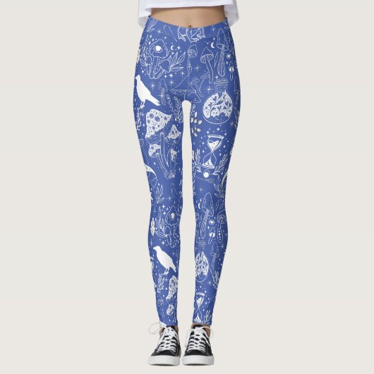 Psychedelic Mushroom Pattern 2D.BW.b L Blauw BG Leggings (Voorkant)