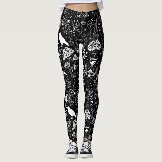Psychedelic Mushroom Pattern 2D.BW.b Zwart BG Leggings (Voorkant)