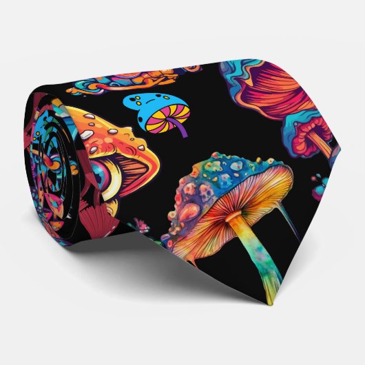Psychedelic Mushroom Pattern 3D Zwart BG Stropdas (Opgerold)