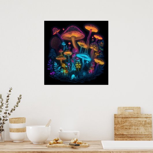 Psychedelic Mushroom Poster Neon Bright Dark Glow (Keuken)