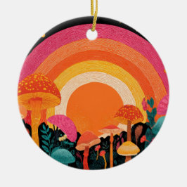 Psychedelic Mushroom Sunset – Retro Fantasy Nature Keramisch Ornament