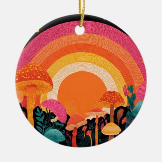 Psychedelic Mushroom Sunset – Retro Fantasy Nature Keramisch Ornament (Voorkant)