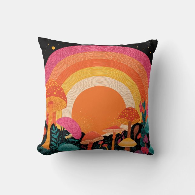 Psychedelic Mushroom Sunset – Retro Fantasy Nature Kussen (Voorkant)