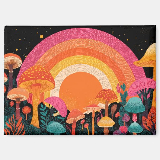 Psychedelic Mushroom Sunset – Retro Fantasy Nature Magneet (Voorkant)