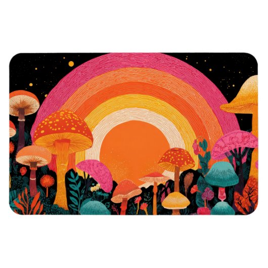 Psychedelic Mushroom Sunset – Retro Fantasy Nature Magneet (Horizontaal)