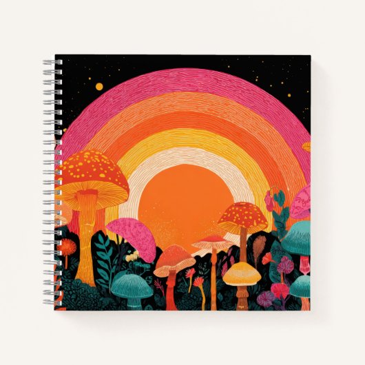 Psychedelic Mushroom Sunset – Retro Fantasy Nature Notitieboek (Voorkant)