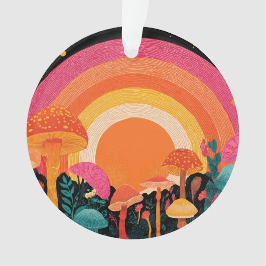 Psychedelic Mushroom Sunset – Retro Fantasy Nature Ornament (voorkant)