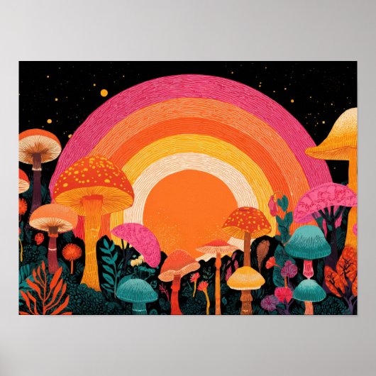 Psychedelic Mushroom Sunset – Retro Fantasy Nature Poster (Voorkant)