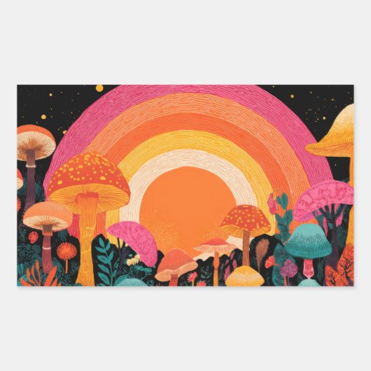 Psychedelic Mushroom Sunset – Retro Fantasy Nature Rechthoekige Sticker (Voorkant)