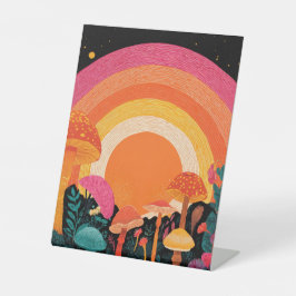 Psychedelic Mushroom Sunset – Retro Fantasy Nature Reclamebord Met Voetstuk