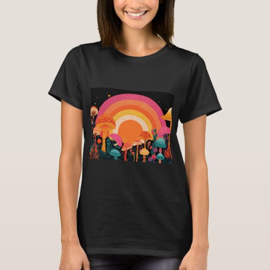 Psychedelic Mushroom Sunset – Retro Fantasy Nature T-shirt (Voorkant)