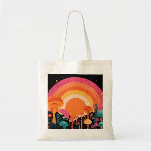 Psychedelic Mushroom Sunset – Retro Fantasy Nature Tote Bag (Voorkant)