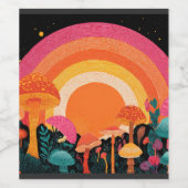 Psychedelic Mushroom Sunset – Retro Fantasy Nature Wijn Etiket (Enkel label)