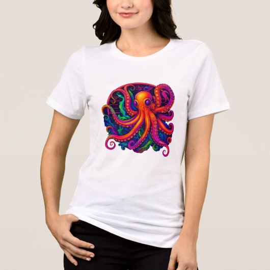 Psychedelic Neon Deep Sea Kraken Octopus T-Shirt (Voorkant)