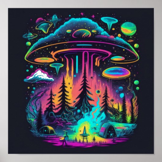 Psychedelic Neon UFO en Alien Ontvoering Kunst Poster (Voorkant)