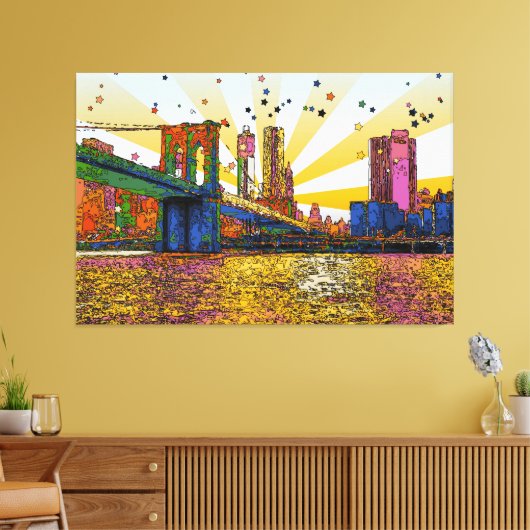 Psychedelic New York City: Brooklyn Bridge, WTC #1 Canvas Afdruk (Insitu (Woonkamer))