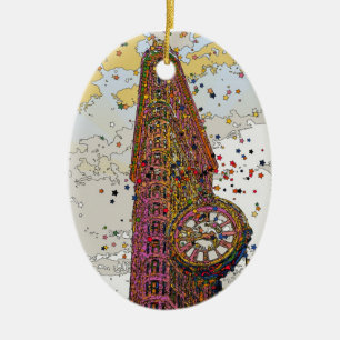 Psychedelic NYC: Flatiron Building & Klok #1A Keramisch Ornament