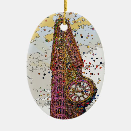 Psychedelic NYC: Flatiron Building & Klok #1A Keramisch Ornament (Voorkant)