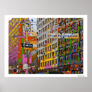 Psychedelic NYC: Union Square Building, St Sign A4 Poster