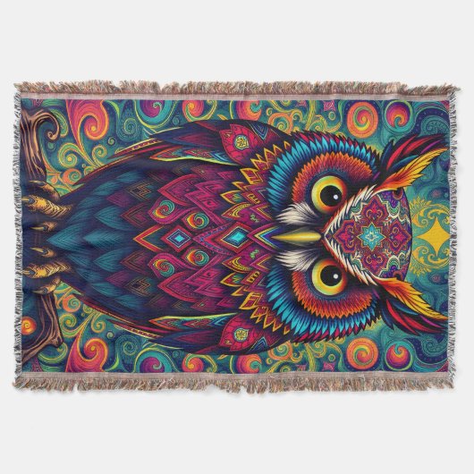 🌈 Psychedelic Owl Comfort – Boho Animal Throw Art Deken (Voorkant)