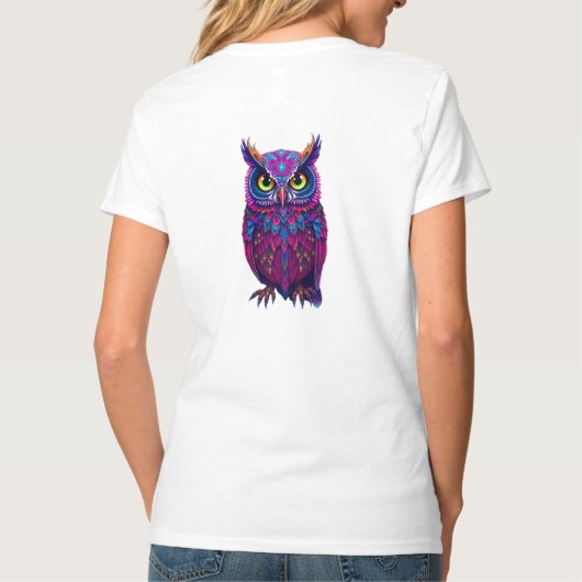 Psychedelic Owl: Magenta Blue Trippy T-shirt (Achterkant)