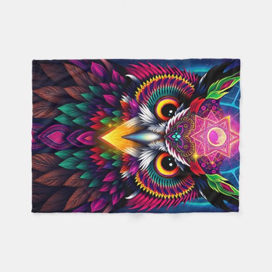 Psychedelic Owl: Neon Mandala Art Fleece Deken (Voorkant (Horizontaal))