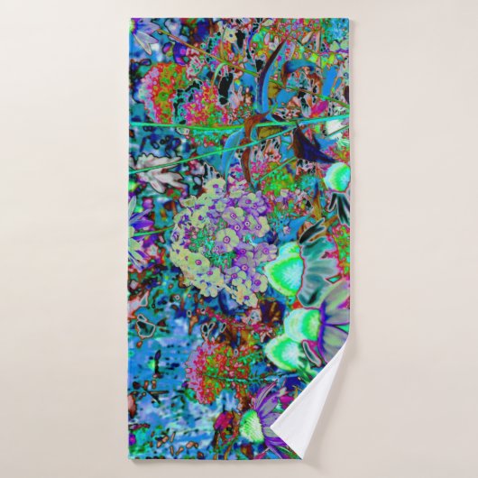 Psychedelic Paars en Lime Green Garden Flowers Badhanddoek (Badhanddoek)