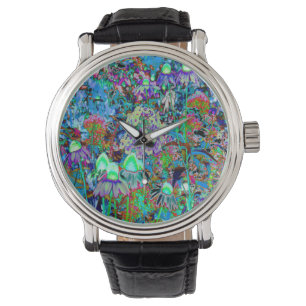 Psychedelic Paars en Lime Green Garden Flowers Horloge