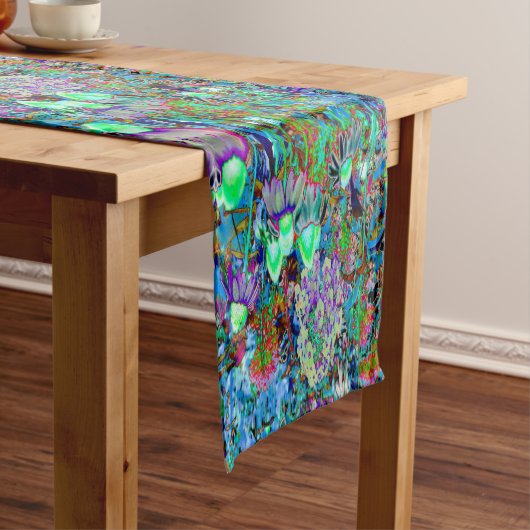 Psychedelic Paars en Lime Green Garden Flowers Korte Tafelloper (Voorbeeld)