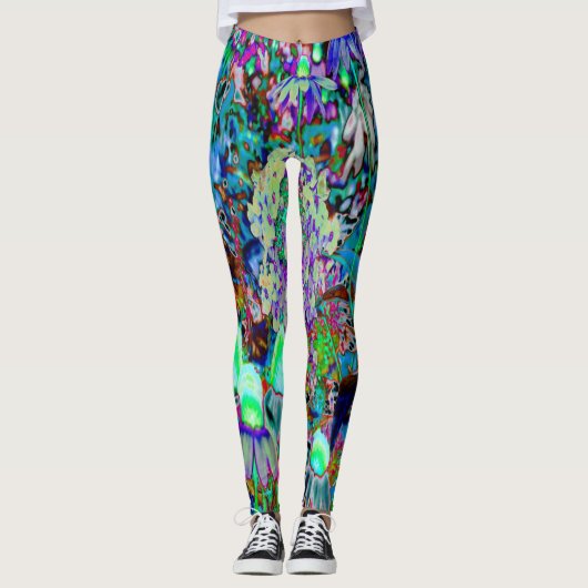 Psychedelic Paars en Lime Green Garden Flowers Leggings (Voorkant)