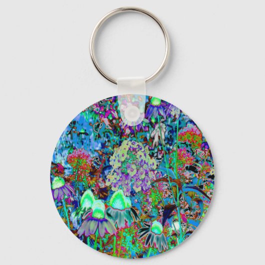 Psychedelic Paars en Lime Green Garden Flowers Sleutelhanger (Voorkant)