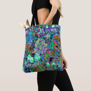 Psychedelic Paars en Lime Green Garden Flowers Tote Bag