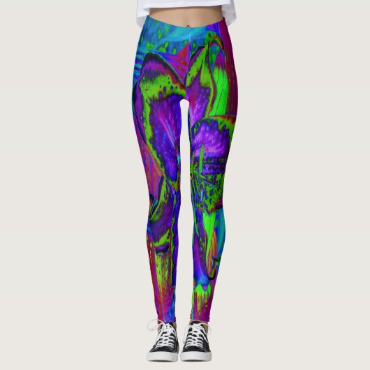 Psychedelic Paars en Lime Green Lily Flower Leggings (Voorkant)