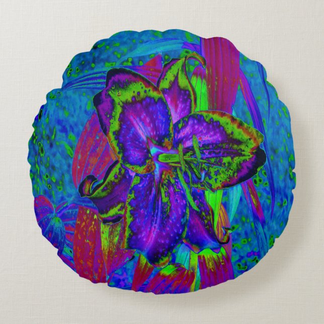 Psychedelic Paars en Lime Green Lily Flower Rond Kussen (Voorkant)
