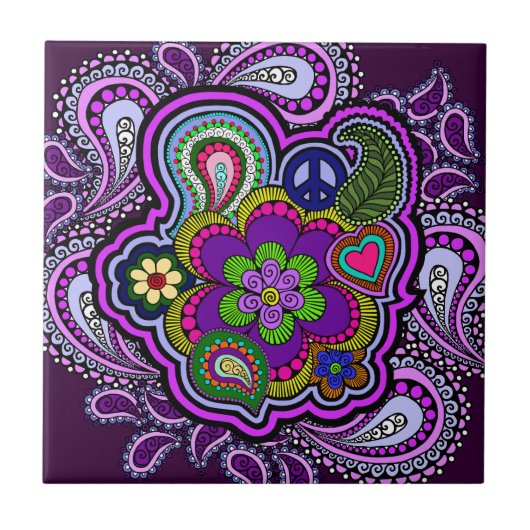 Psychedelic Paars Paisley Tile Tegeltje (Voorkant)