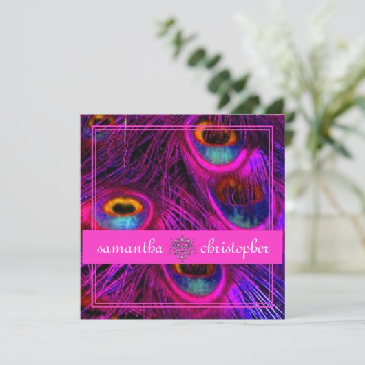PSYCHEDELIC PEACOCK/AANPASBAAR HOT PINK BANNER KAART (Staand voorkant)