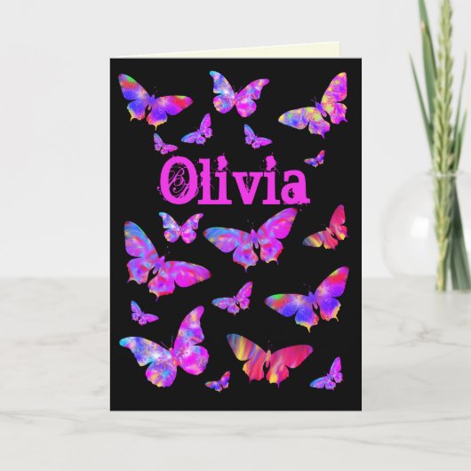 Psychedelic Pink Butterfly Pop Art Olivia Name Feestdagen Kaart (Voorkant)