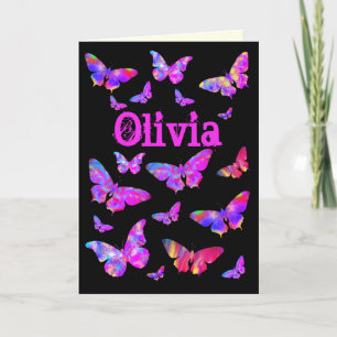 Psychedelic Pink Butterfly Pop Art Olivia Name Feestdagen Kaart