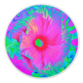 Psychedelic Pink en Red Hibiscus Flower Keramische Knop (Voorkant)