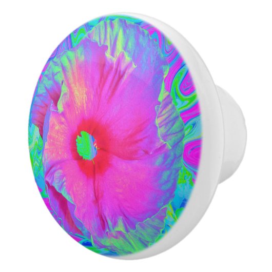 Psychedelic Pink en Red Hibiscus Flower Keramische Knop (Rechts)