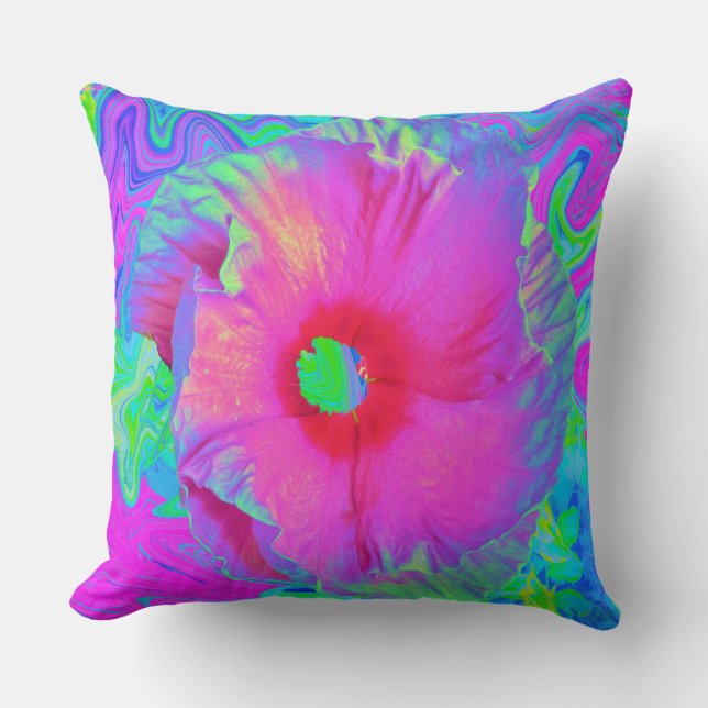 Psychedelic Pink en Red Hibiscus Flower Kussen (Voorkant)