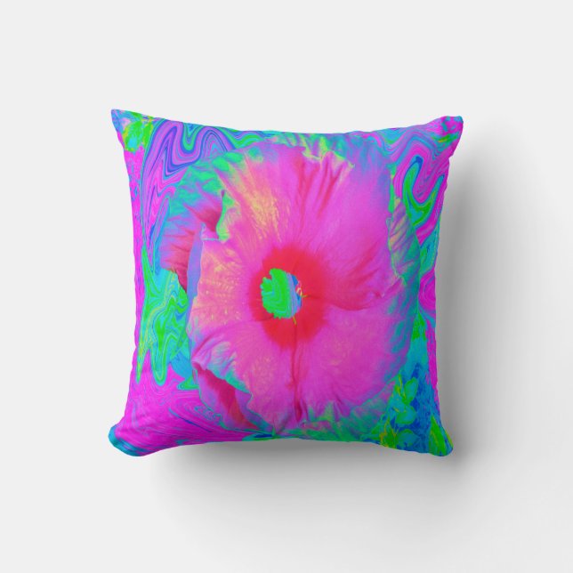 Psychedelic Pink en Red Hibiscus Flower Kussen (Voorkant)