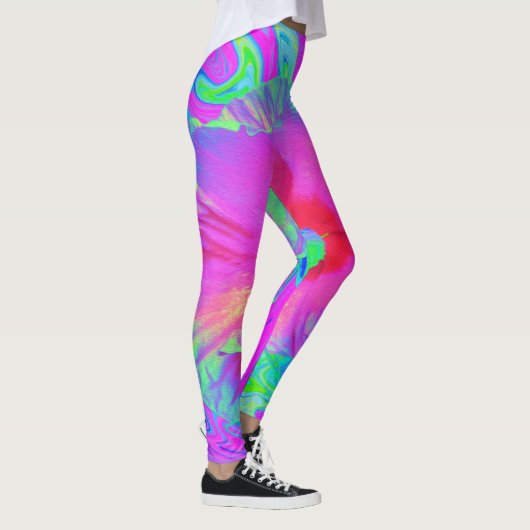 Psychedelic Pink en Red Hibiscus Flower Leggings (Rechts)